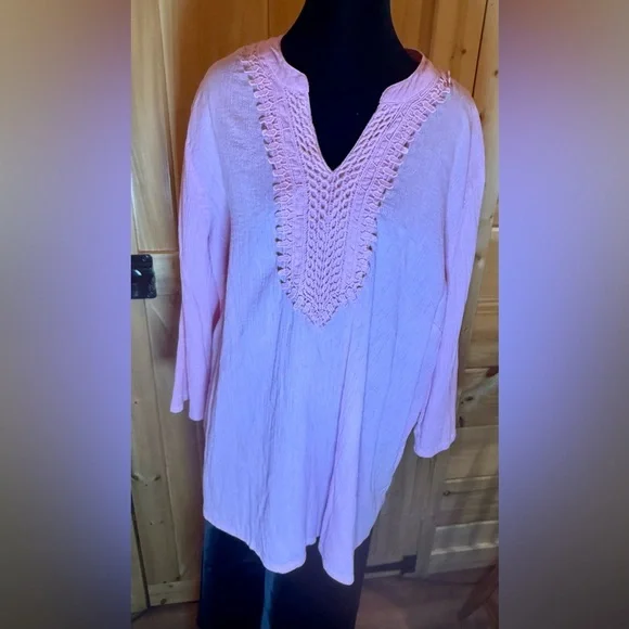 Appleseeds Pink Tunic w/Embroidered Lace Yoke Fabric Natural Wrinkle Size 2X - Picture 2 of 11